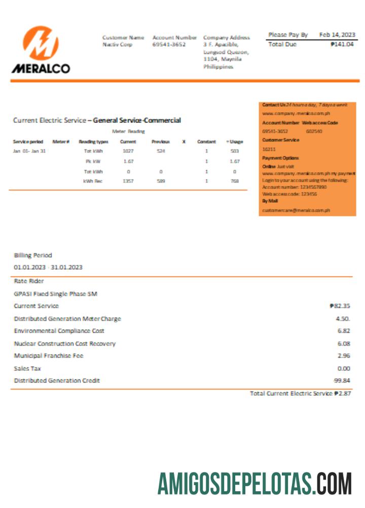 Projeto de lei de negócios de serviços públicos de eletricidade da Manila Electric Company (Meralco) SCR exemplo